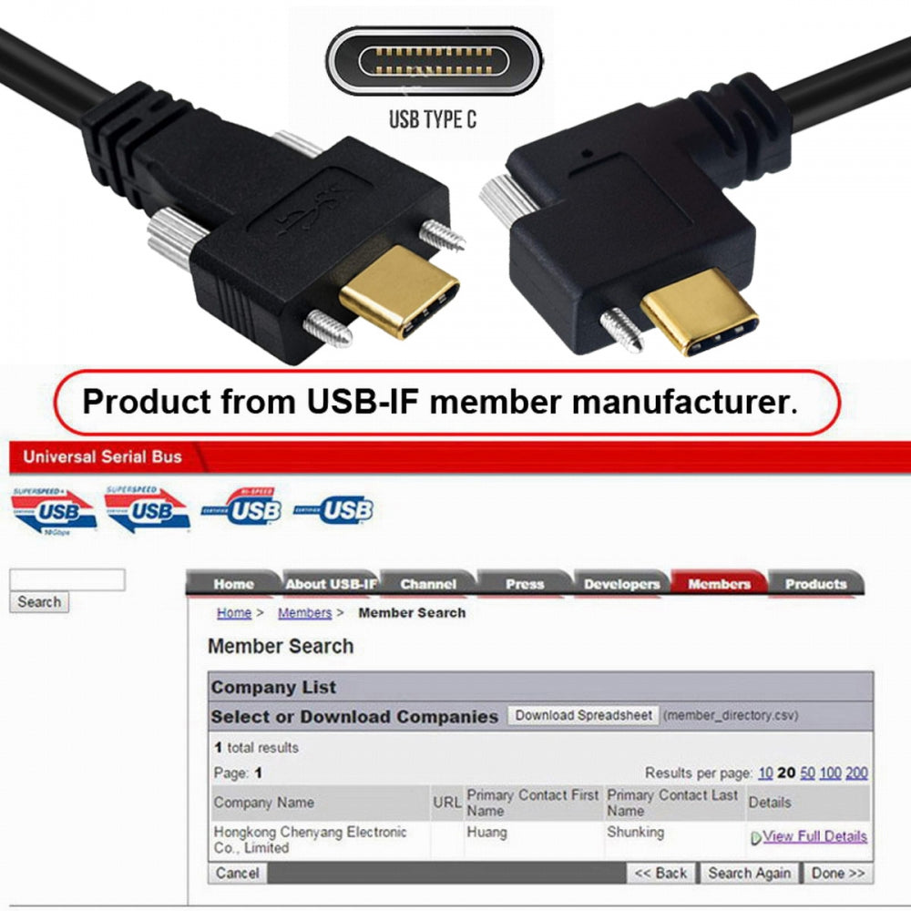USB 3.1 Type-C Male Dual Screw to Single Thumbscrew Locking USB-C Horizontal 90 Degree Left Right Angled 10Gbps Data Cable Panel Mount Type