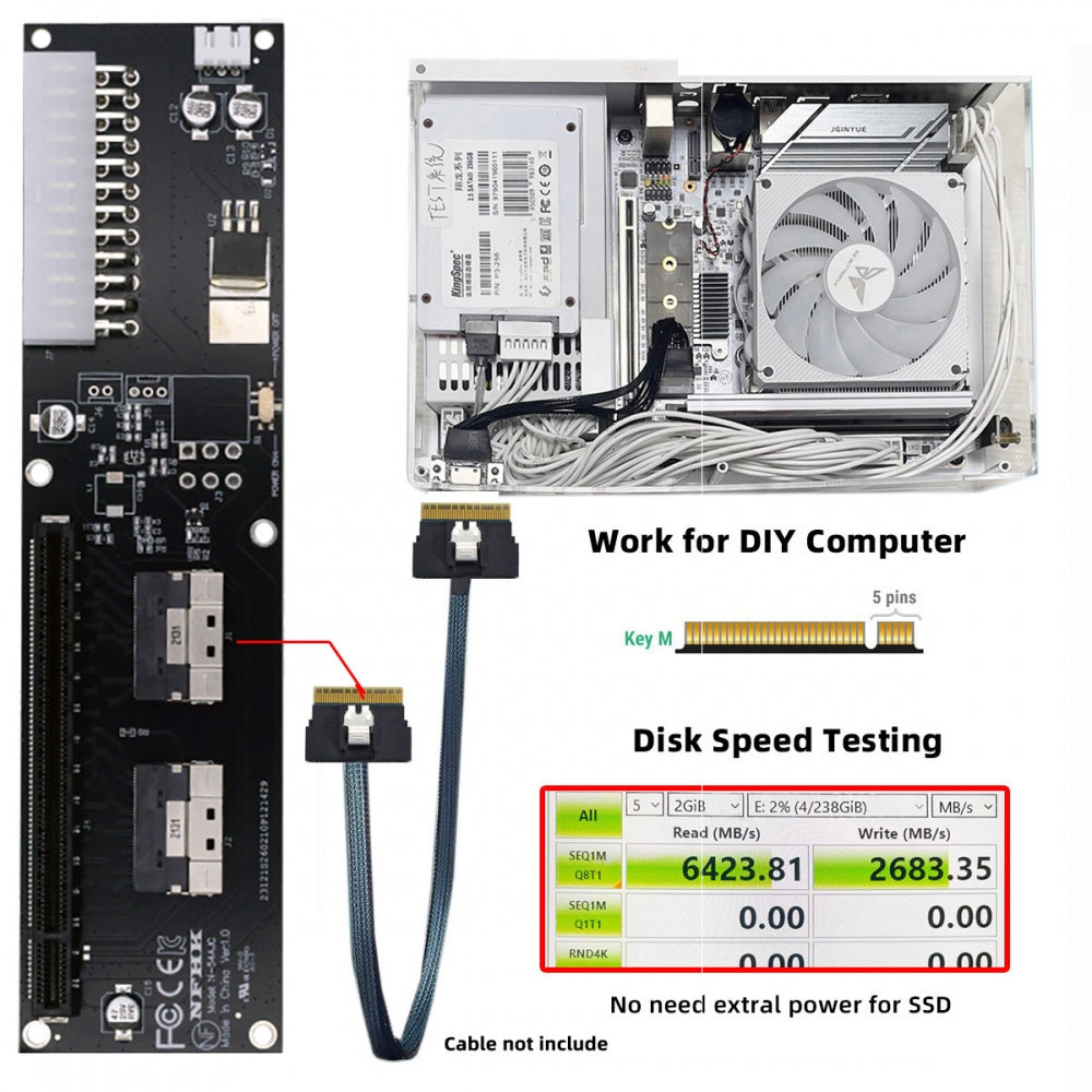 Dual Slimline 8X SFF-8654 74Pin VROC to PCIE PCI-Express 16x Adapter with ATX 24Pin Power Switch Port for Mainboard Graphics Card