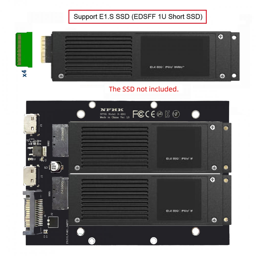 Dual SFF-8612 Oculink 4x Host to Dual Ruler 1U GEN-Z EDSFF 9.5mm 15mm 25mm Short SSD E1.S PCI-E with Heat Sink PM9A3 PM9D3 P5801X Carrier Adapter