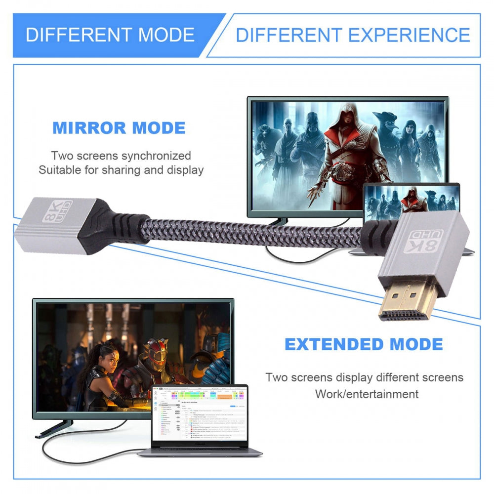 8K Type-A HDMI 2.1 Male 90 Degree Left Angled to HDMI Female Extension HDTV Cable for DV Camera Laptop Monitor