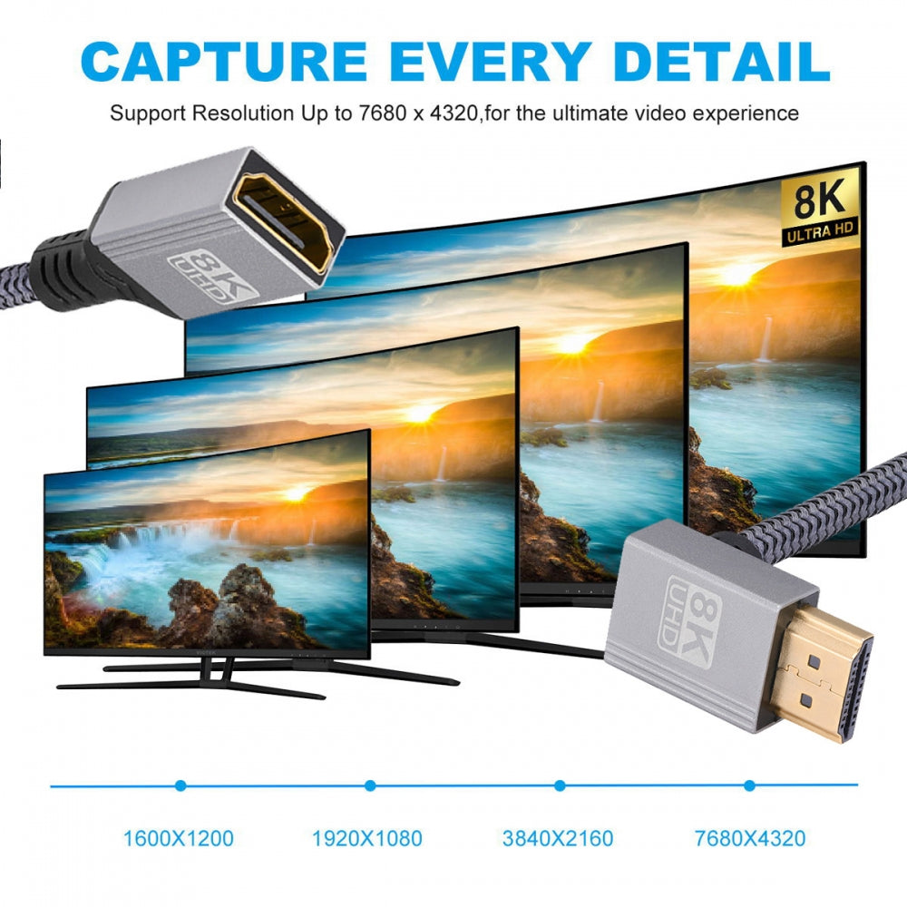 8K Type-A HDMI 2.1 Male 90 Degree Up Angled to HDMI Female Extension HDTV Cable for DV Camera Laptop Monitor