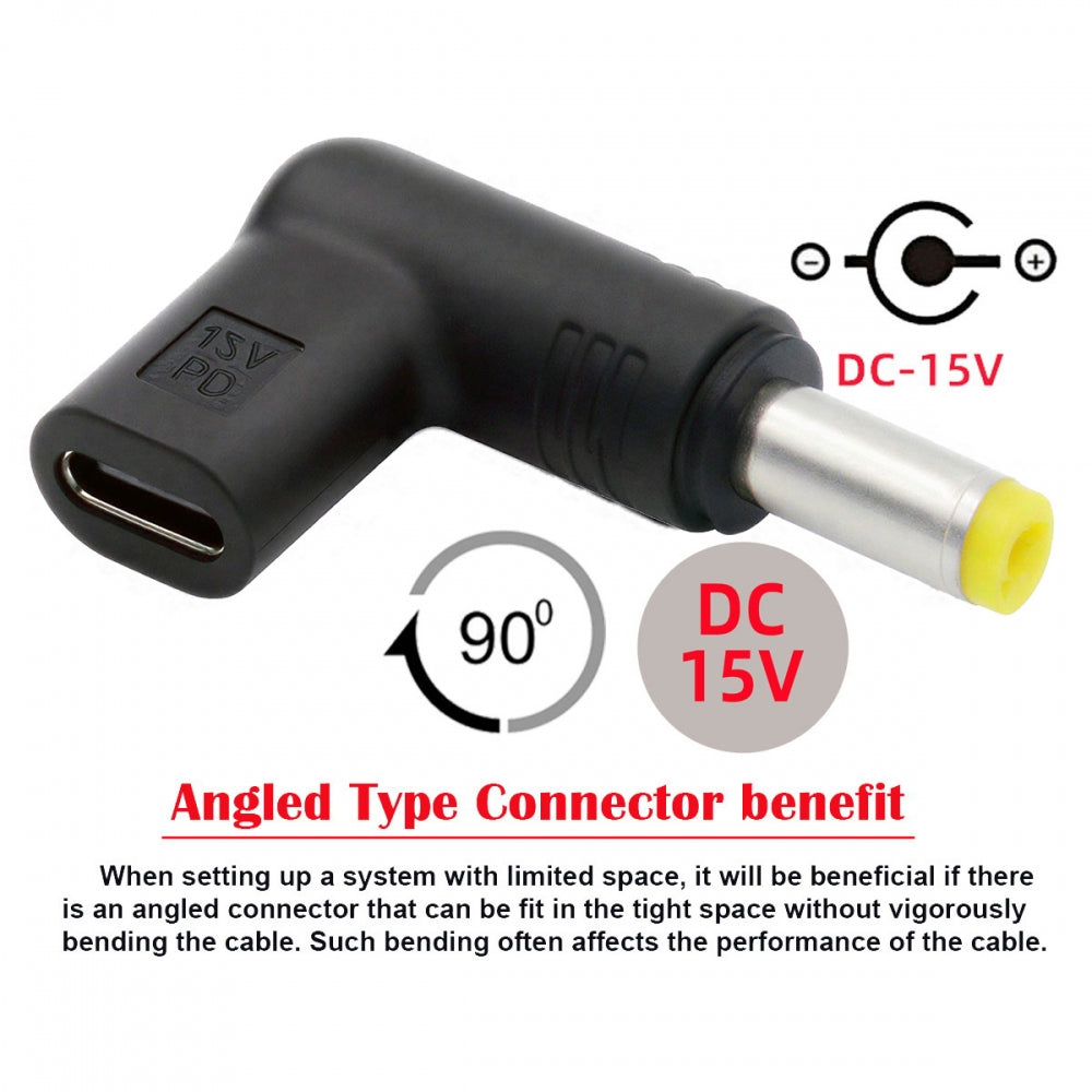 USB 3.1 Type C USB-C Female Input to DC 15V 5.5x2.5mm Plug Output Adapter PD Emulator Trigger 90 Degree Angled