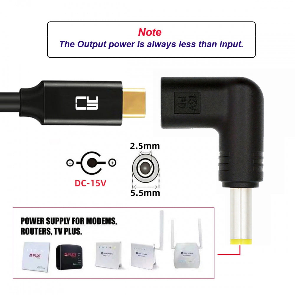 USB 3.1 Type C USB-C Female Input to DC 15V 5.5x2.5mm Plug Output Adapter PD Emulator Trigger 90 Degree Angled