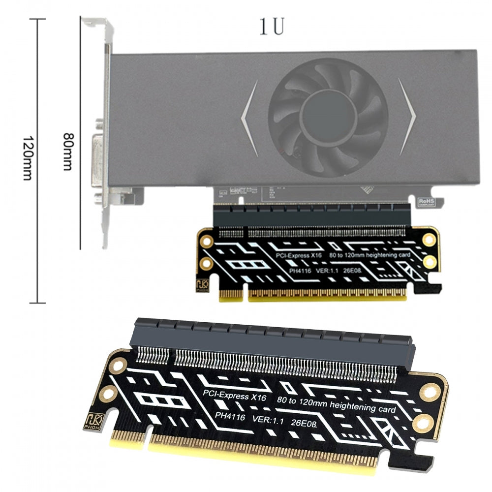 PCIe 4.0 PCI-Expresss 5.0 16x Male to Female Riser Extended Card Adapter 80mm Low Profile to 120mm Bracket 1U to 2U