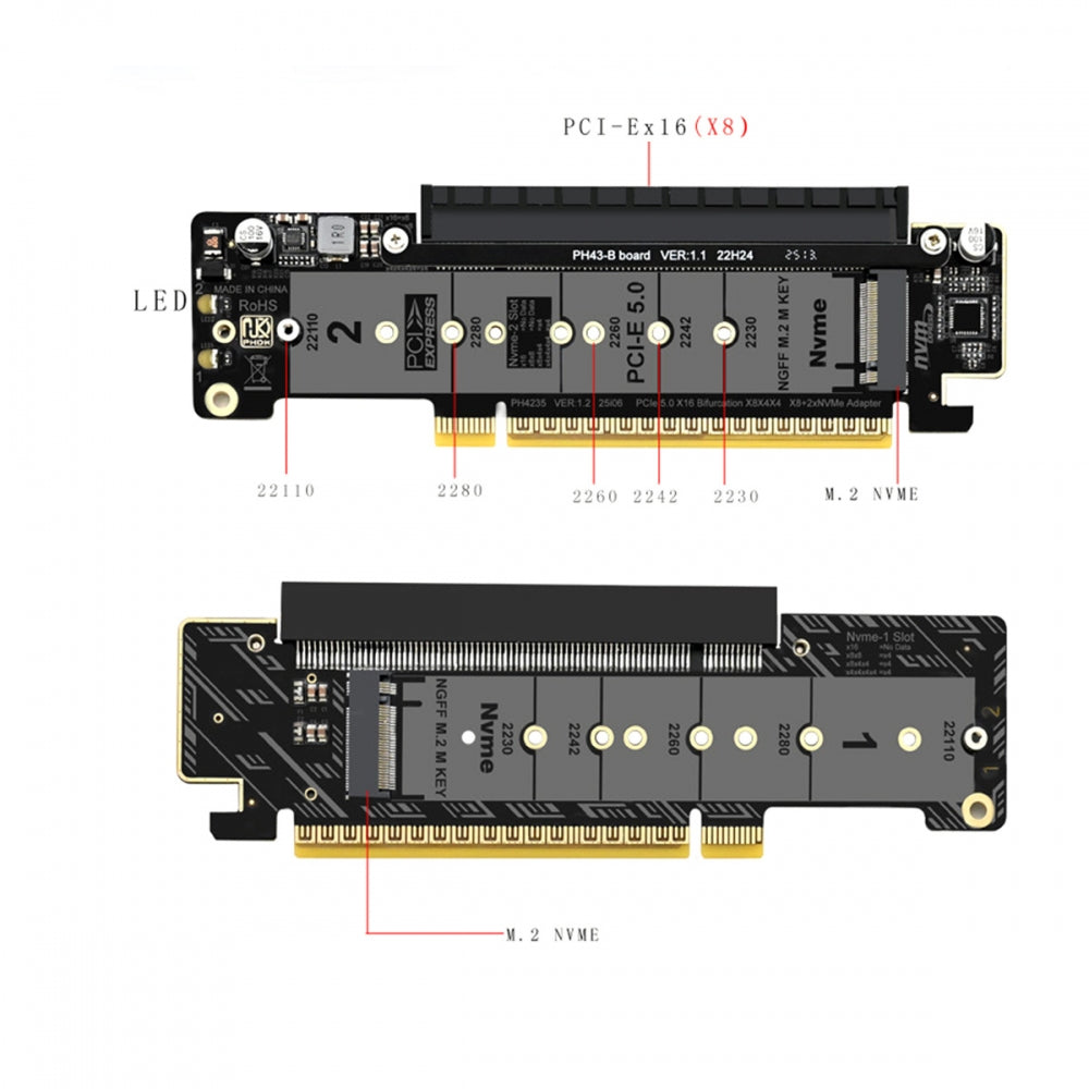 PCI Express Gen 5.0 X16 to Dual 2X NVME M.2 SSD & 8X PCI-E 4.0 Raid Card VROC Raid0 Hyper Adapter
