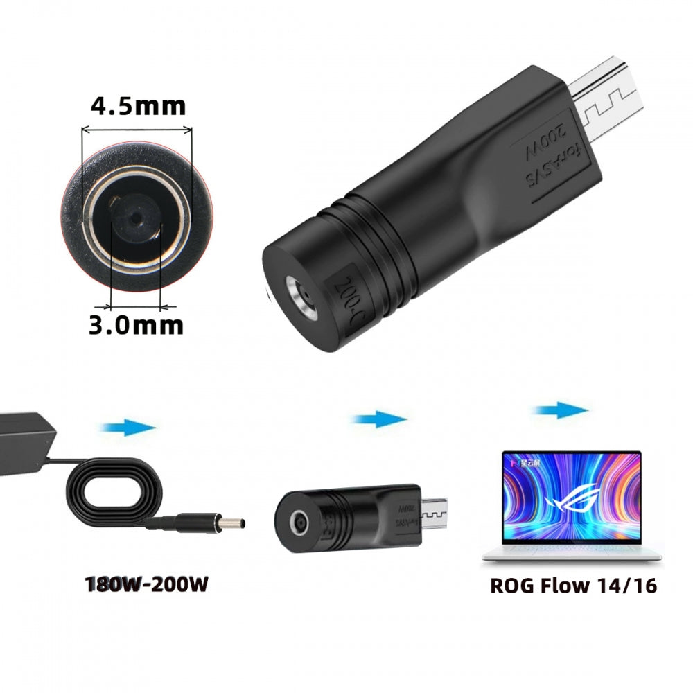 180W 200W Power DC Jack 4.5*3.0mm Input to Flow 14 16 Air Rectangle Plug Charge Adapter Compatible with ROG Laptop