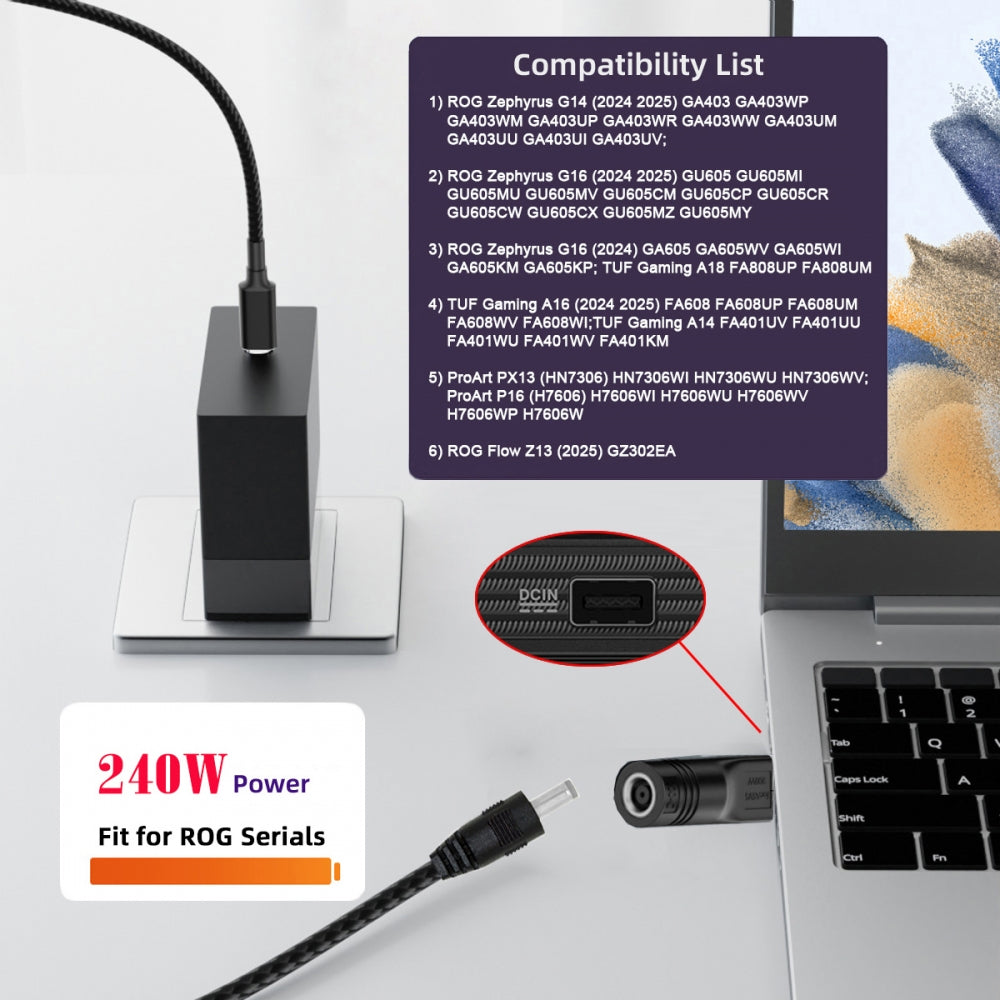 240W Power DC Jack 6.0*1.4mm Input to Flow Z13 14 16 Air Rectangle Plug Charge Adapter Compatible with ROG Laptop