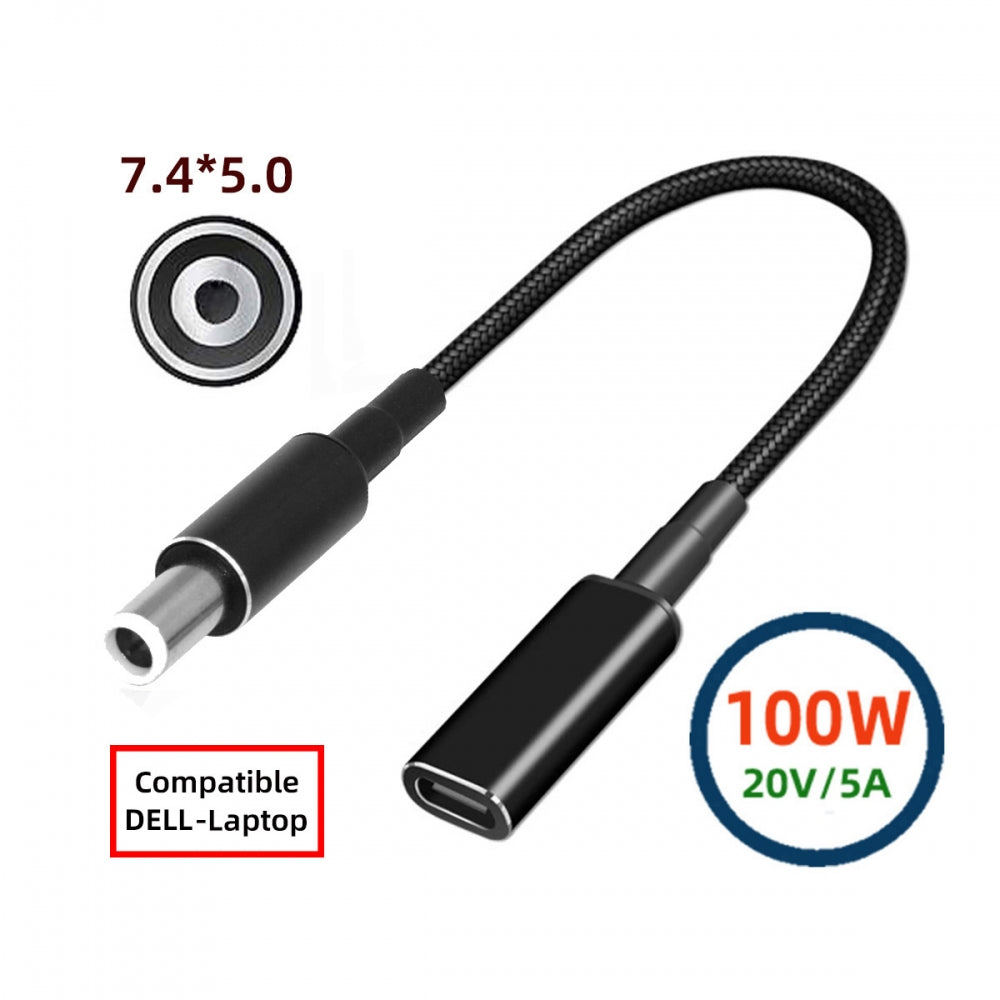 100W Type-C USB-C Female Input to DC 7.4*5.0mm Plug Output Power 20V 5A PD Charge Cable 16cm Compatible with DELL-Laptop
