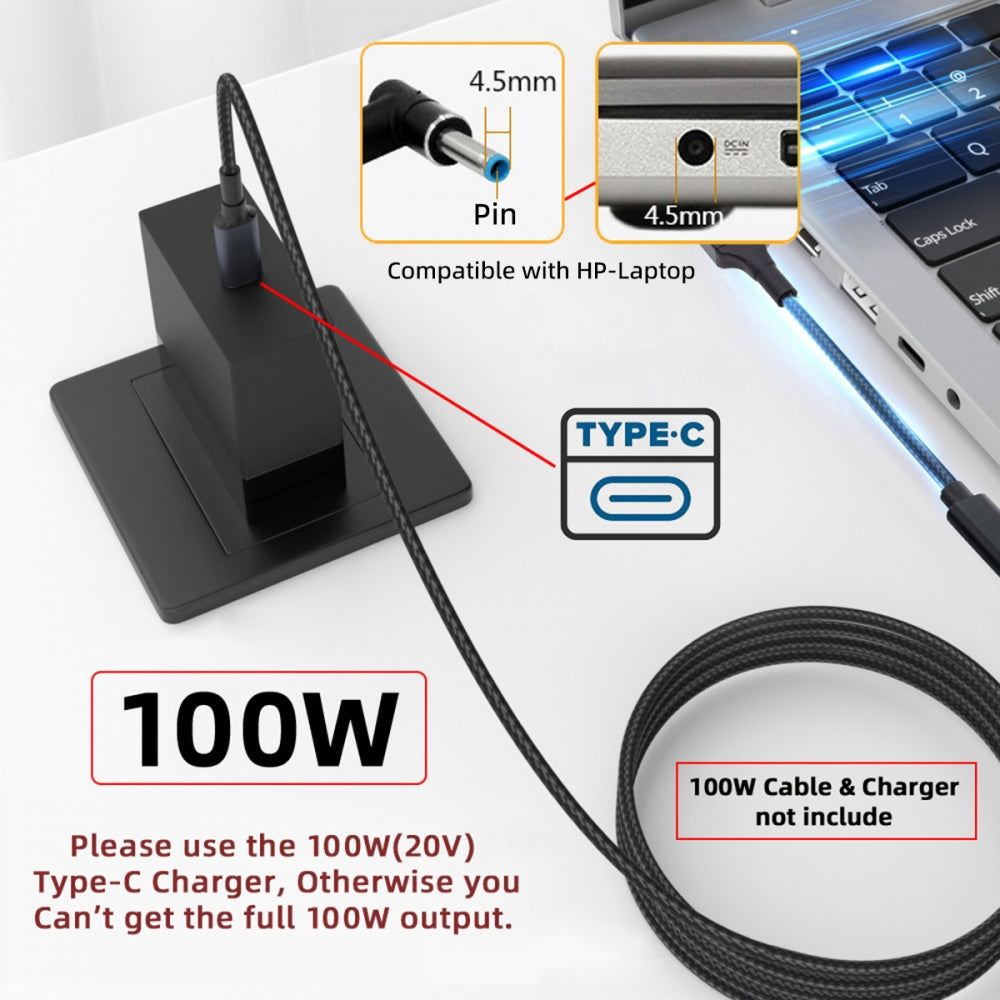 100W Type-C USB-C Female Input to DC 4.5*3.0mm Plug Output Power 20V 5A PD Charge Cable 16cm Compatible with HP-Laptop