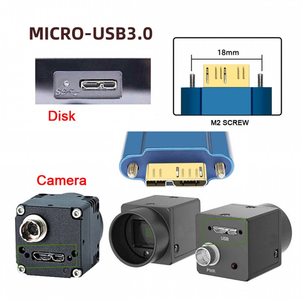 Ultra Flat Slim USB 3.0 Type-A Male to Micro-USB 3.0 Male Cable Data with Dual Thumbscrew 10Gbps for Vision Camera SSD