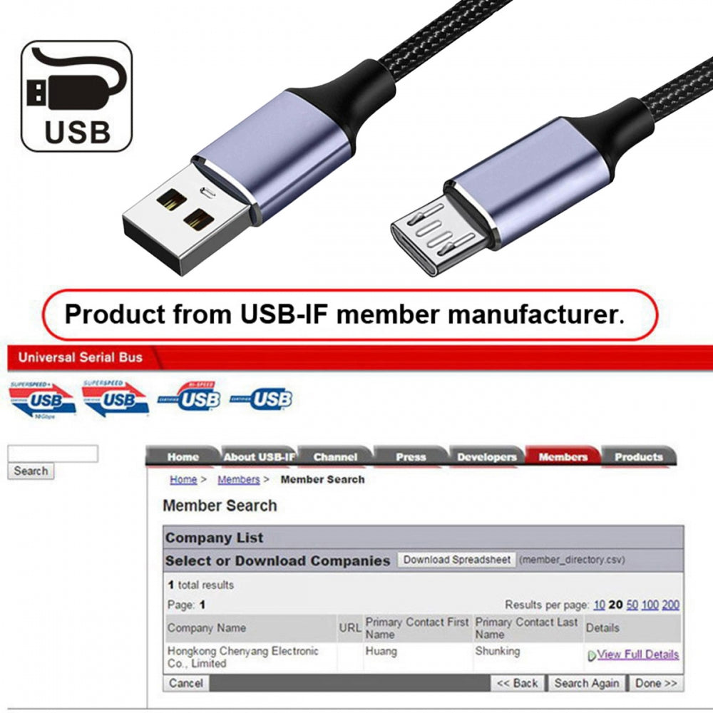 USB-A Type-A to Micro USB 5Pin Power USB2.0 Data Cable with Sleeve Alloy Shell Fast Charge for Laptop Tablet Phone