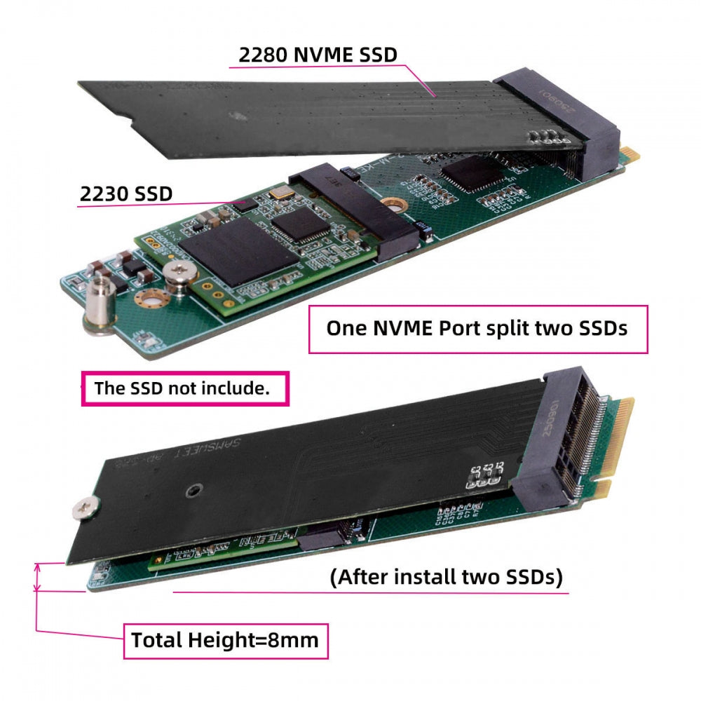 NGFF NVME M-Key Riser Card to Dual Ports M.2 NGFF Key-M NVME SSD Adapter PCIE Packet Switch Compatible with NAS Industrial Control Motherboard