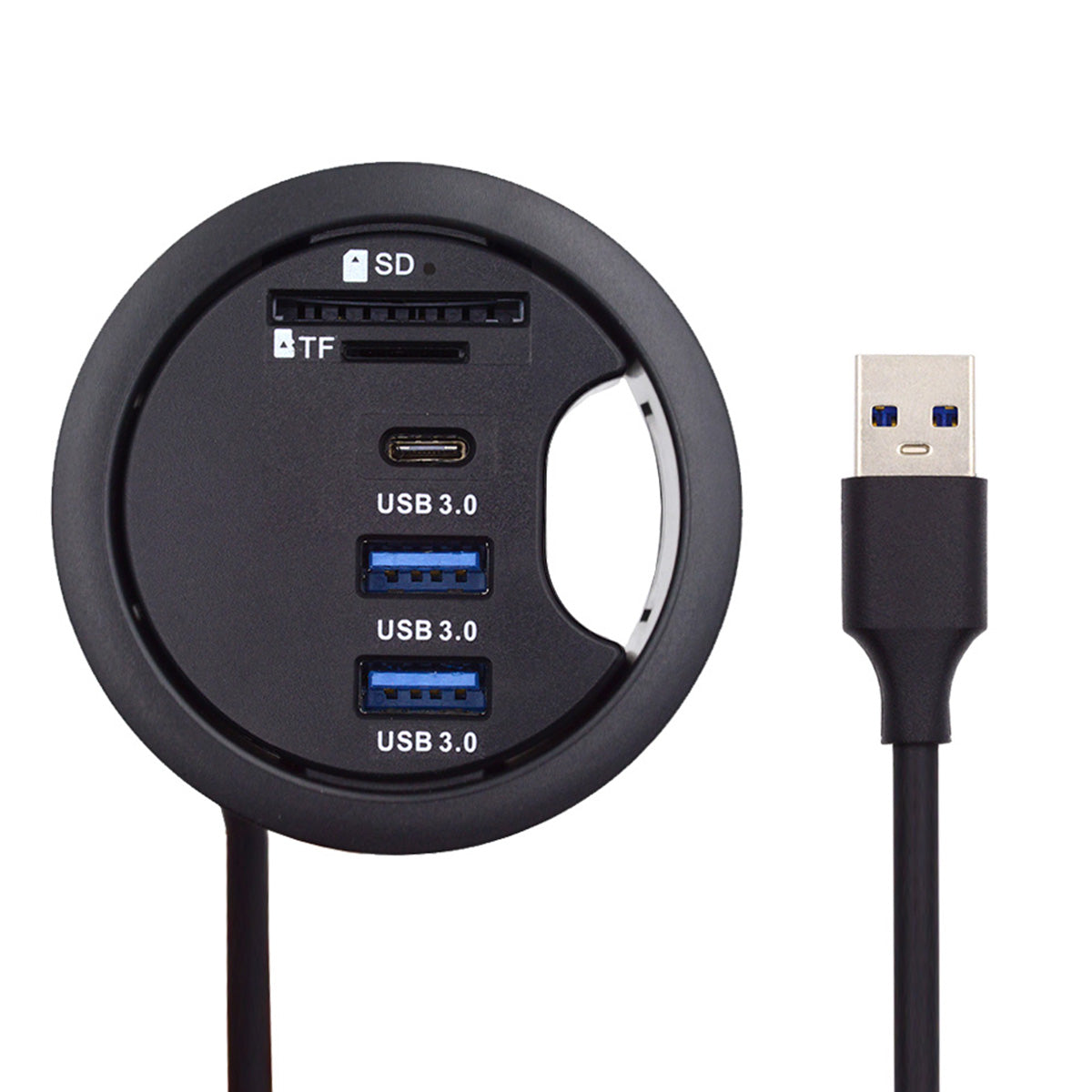 USB 3.0 Hub with Sound Card 60mm Desk Grommet Dock, USB-C 2-Port Splitter Headphone Mic Audio Interface for Desktop PC