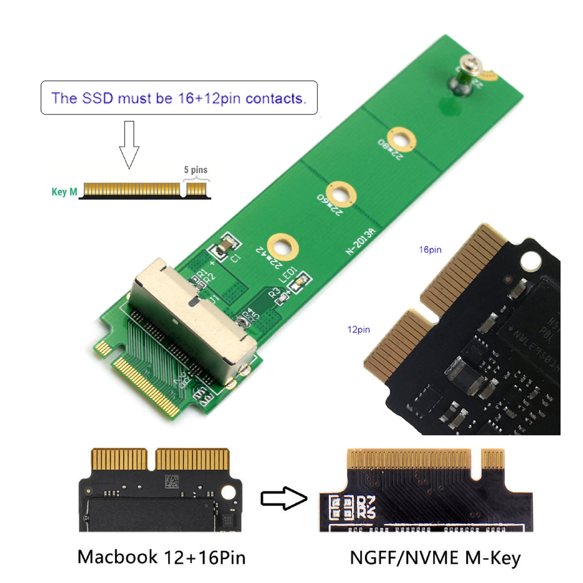 Cablecc PCIe 4X M.2 NGFF M-Key to 12+16Pin SSD Converter Card for 2013-2017 Mac A1493 A1502 A1465 A1466