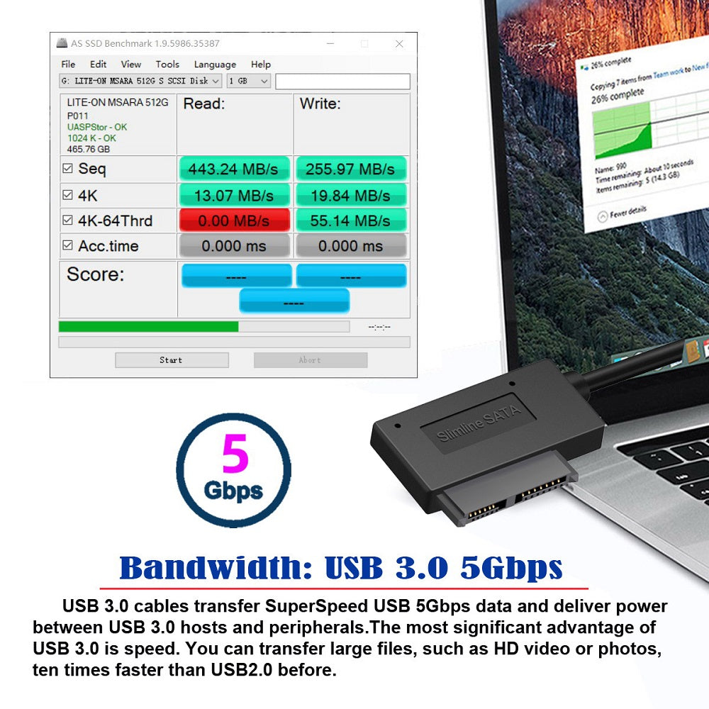 Cablecc USB 3.0 to Slimline Sata 7+6 13pin Adapter Cable for Laptop Cd DVD Rom Optical Drive