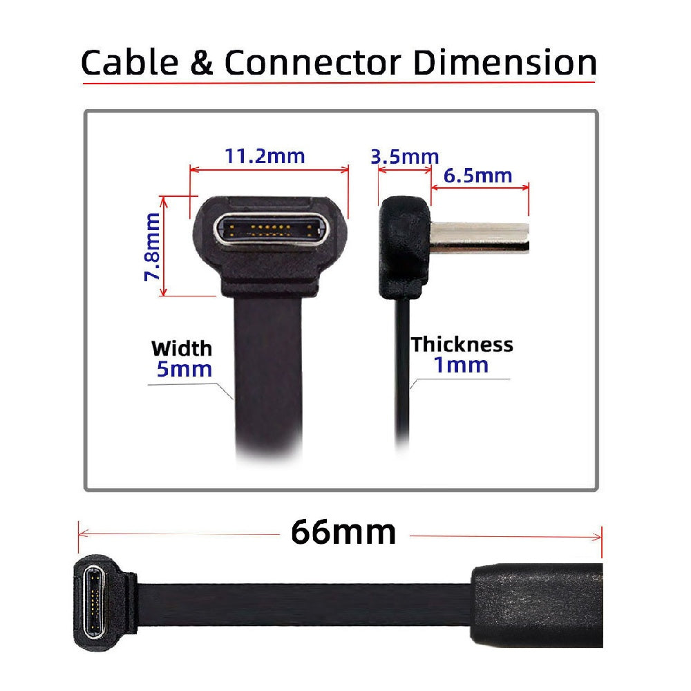cablecc USB-C Type-C Ultra Slim Flat 65W Fast Charge Extension Power USB2.0 Data Cable Up Down Angled for Laptop Tablet Phone