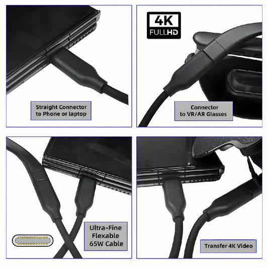 10Gbps Data USB-C Cable, 4K Video Output PD 65W Charging, Ultra-Fine Flexible Cord for VR AR Glasses NS Handheld Console