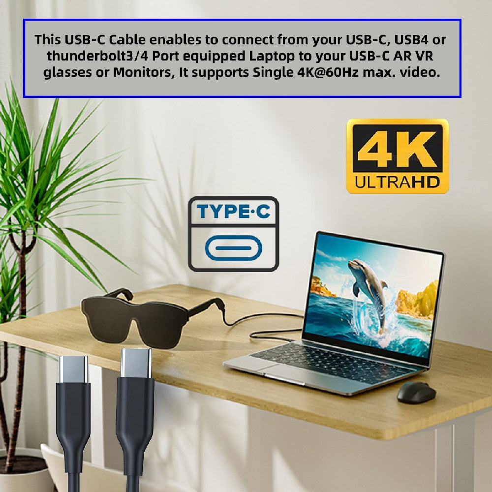 10Gbps Data USB-C Cable, 4K Video Output PD 65W Charging, Ultra-Fine Flexible Cord for VR AR Glasses NS Handheld Console