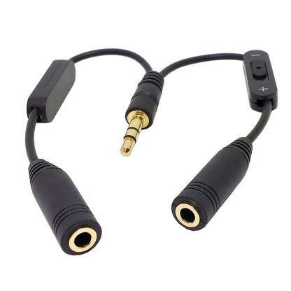Black 3.5mm Stereo Male to Double 3.5mm Female Audio Headphone Y Splitter Cable with Volume Switch CA-004