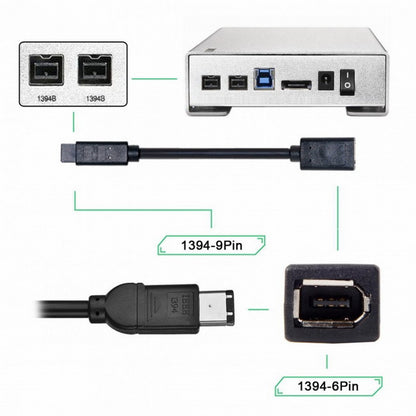 IEEE 1394 6Pin Female to 1394b 9Pin Male Firewire 400 to 800 Cable 20cm CA-012