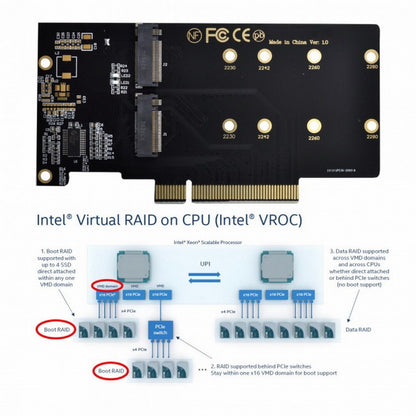 Dual 2X NVME M.2 AHCI to PCIE Express 3.0 Gen3 X8 X16 Raid Card VROC Raid0 Hyper Adapter SA-012-OD