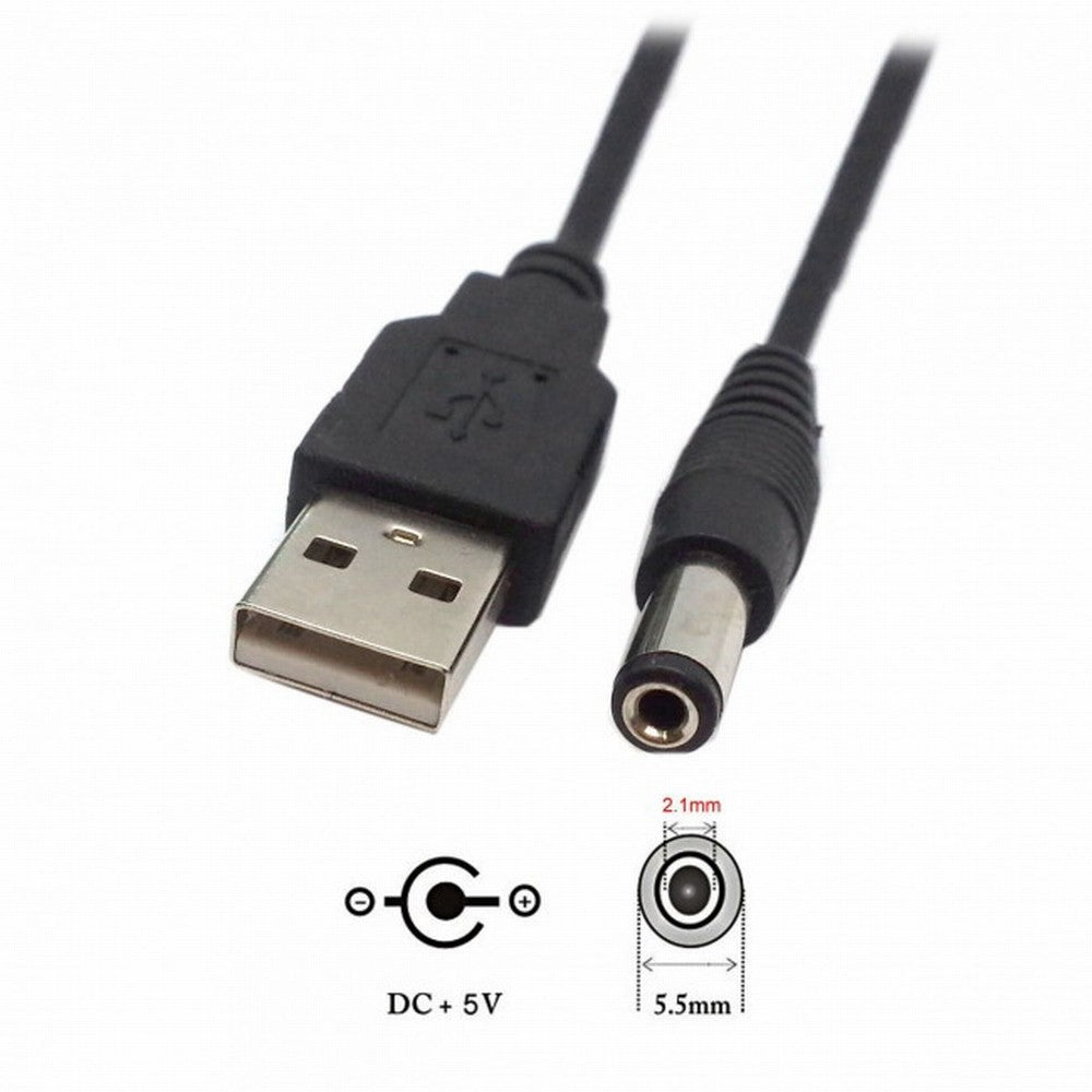 USB 2.0 A Type Male TO 5.5x2.1mm DC Power Plug Barrel Connector 5v Cable 100cm U2-184-BK