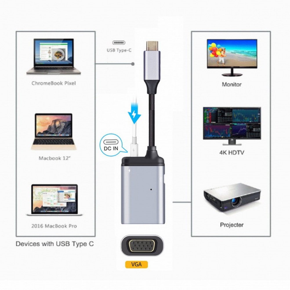 USB-C Type C to VGA RGB Converter HDTV Adapter 60hz 1080p with Female PD Power Port UC-162-VGA