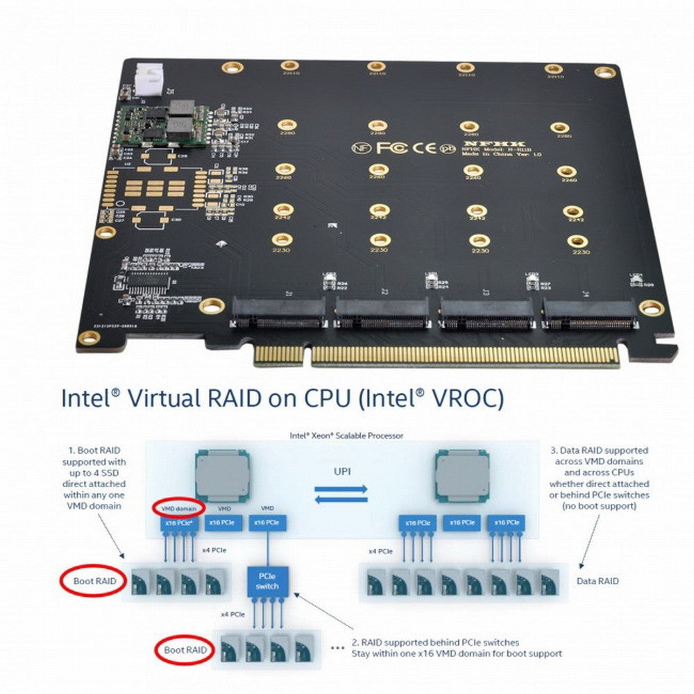 4X NVME M.2 AHCI to PCI-E Express 3.0 Gen3 X16 Raid Card with Fan VROC Raid0 Hyper Adapter SA-030