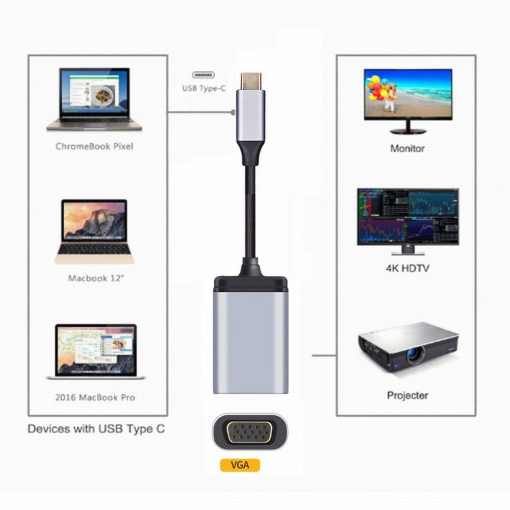 USB-C Type C to VGA Cable Monitor Adapter 1080p 60hz for Tablet Phone Laptop UC-006-VGA