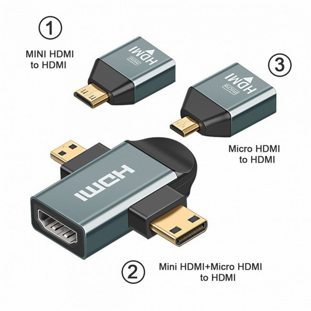 3pcs/set Micro Mini HDMI to HDMI 1.4 Female 2-in-1 Combo Adapter 4K@60hz HD-013