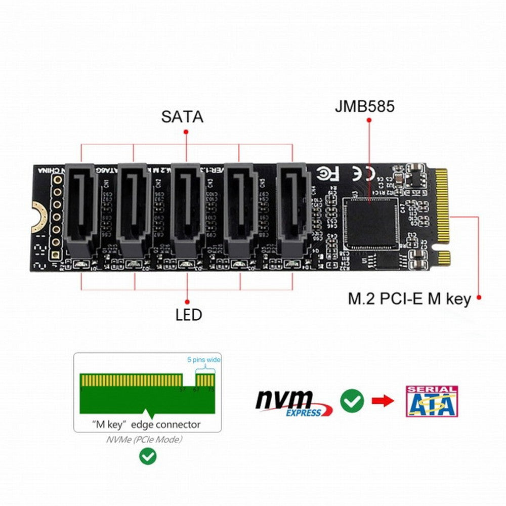 NGFF NVME M-Key PCI Express to SATA 3.0 6Gbps 5 Ports Adapter Converter Hard Drive Extension Card JMB585 2280 SA-004
