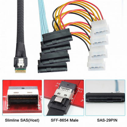 Slimline SAS 4.0 SFF-8654 4i 38pin Host to 4 SAS 29pin SFF-8482 Target Hard Disk Fanout Raid Cable SF-047
