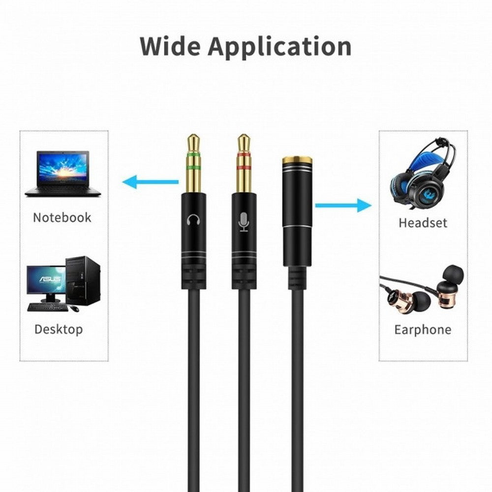 Black Dual 3.5mm Male to Single Female Headphone Microphone Audio Splitter Cable for Cell Phone Tablet Laptop CA-021