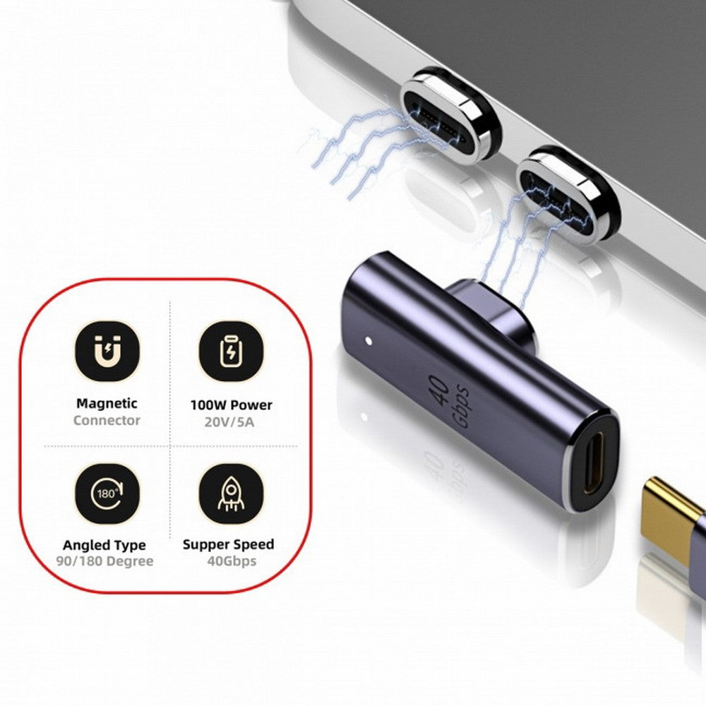 Magnetic Connector 40Gbps USB4 Type C Male to Female Low Profile Right Angled 100W Power Data 8K Video Adapter for Laptop Phone UC-028-LP