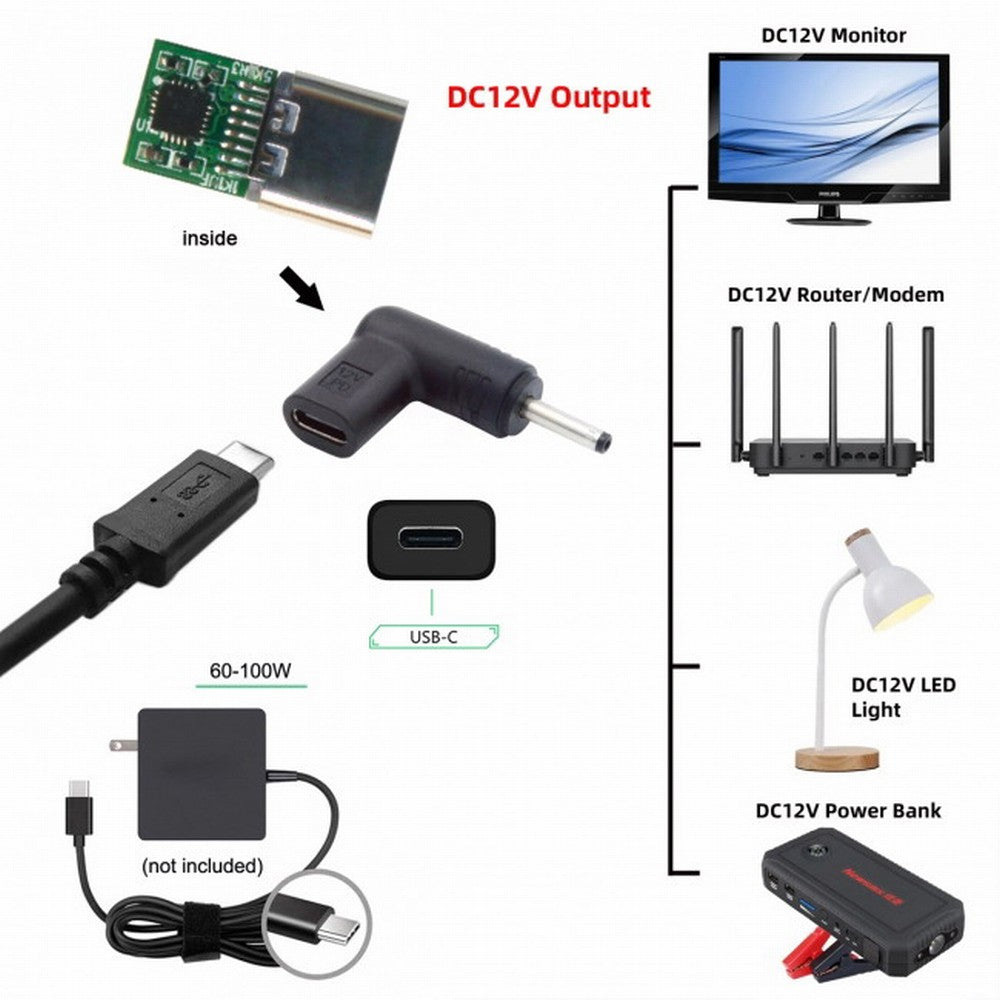 USB 3.1 Type C USB-C Female to DC 12V 3.5x1.3mm Plug Adapter PD Emulator Trigger 90 Degree Angled UC-090-3513MM