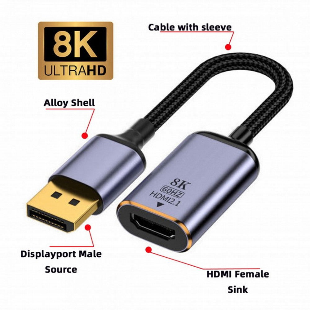 DisplayPort 1.4 Source to HDMI 2.0 Display 8K 60hz UHD 4K DP to HDMI Female Monitor Adapter Cable DP-056-DPF