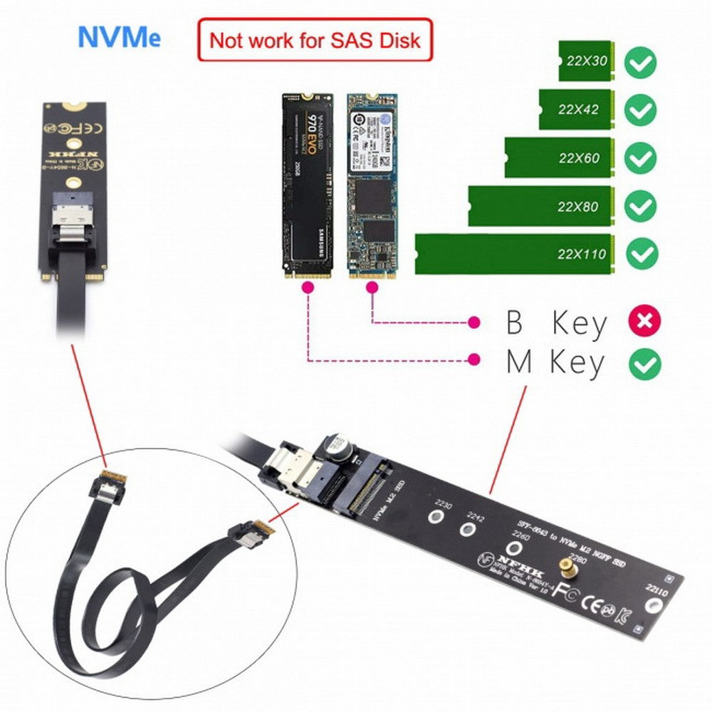 NGFF M-Key NVME Male to Female Extension Cable 40cm with SFF-8654 Connector for Mainboard SSD 2280/22110 SA-040+SF-100