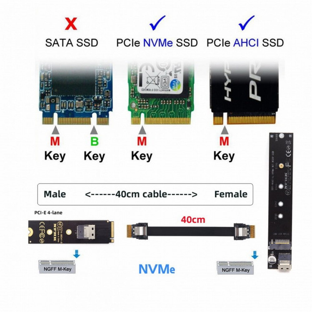 NGFF M-Key NVME Male to Female Extension Cable 40cm with SFF-8654 Connector for Mainboard SSD 2280/22110 SA-040+SF-100