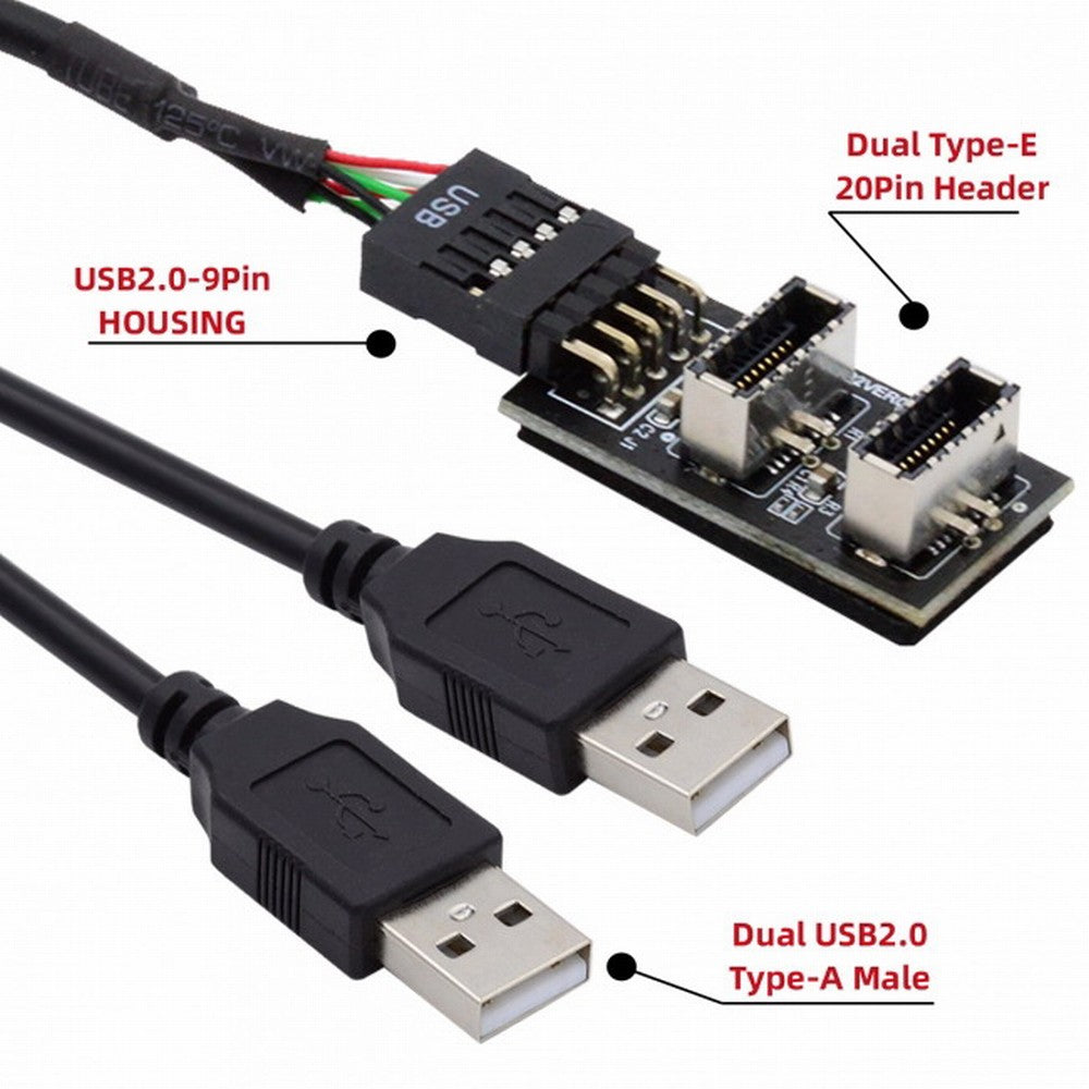 Dual USB 3.1 Front Panel Socket Key-A Type-E to USB 2.0 Type-A 9Pin 10Pin Mainboard Header Male Cable Extension Adapter U2-128+UC-022