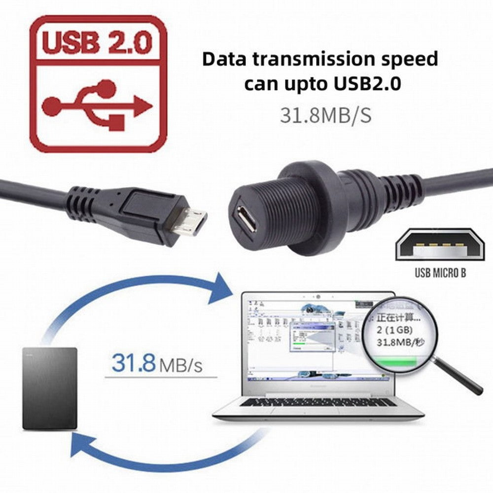 1m Waterproof Dustproof 480Mbps Micro USB2.0 5Pin Male to Female Extension Data Power Cable Car Panel Mount Design U2-003-1.0M