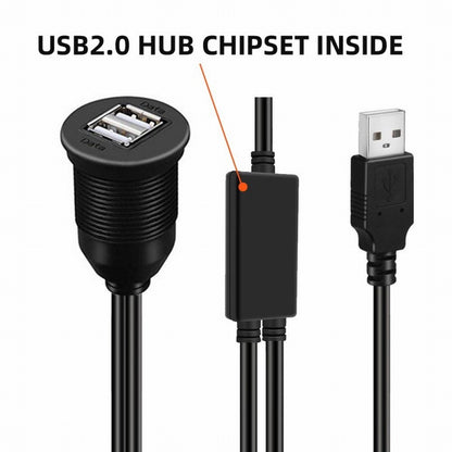 1m Waterproof Dustproof 480Mbps USB2.0 Type-A Male to Dual Female Hub Extension Data Power Cable Car Panel Mount Design U2-024-1.0M
