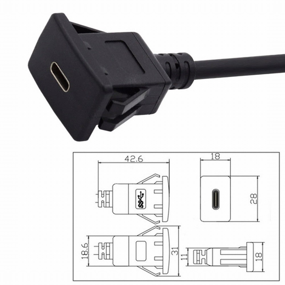 Waterproof Dustproof USB-C Type-C USB 3.1 10Gbps Extension Flush Car Latch Mount Extension Cable for Dashboard Panel UC-021-1.0M