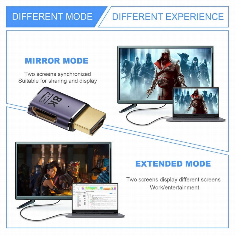 HDMI Male to HDMI 2.1 Female Flat Horizontal 90 Degree Right Angled UHD Extension Adapter Support 8K 60hz HDTV HD-011-A8K02