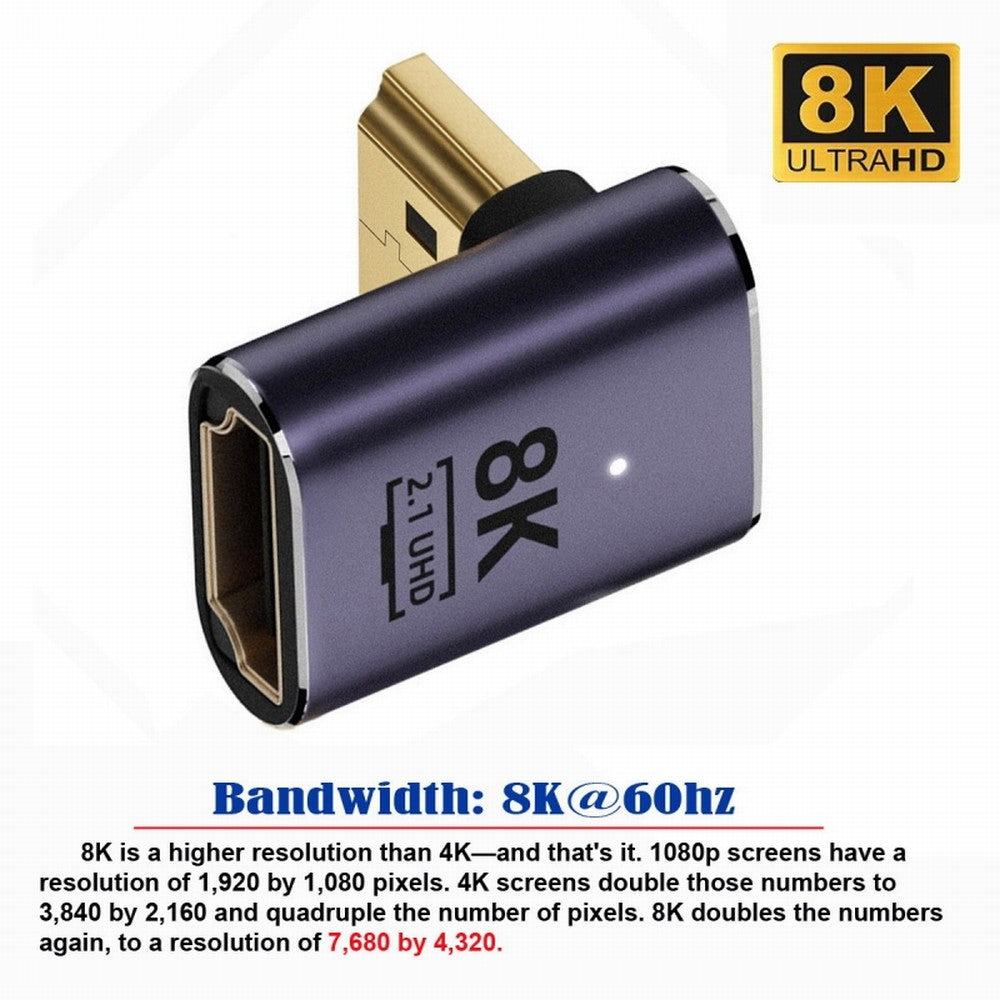 HDMI Male to HDMI 2.1 Female Vertical 90 Degree Down Angled Low Profile UHD Extension Adapter Support 8K 60hz HDTV HD-011-A8K07