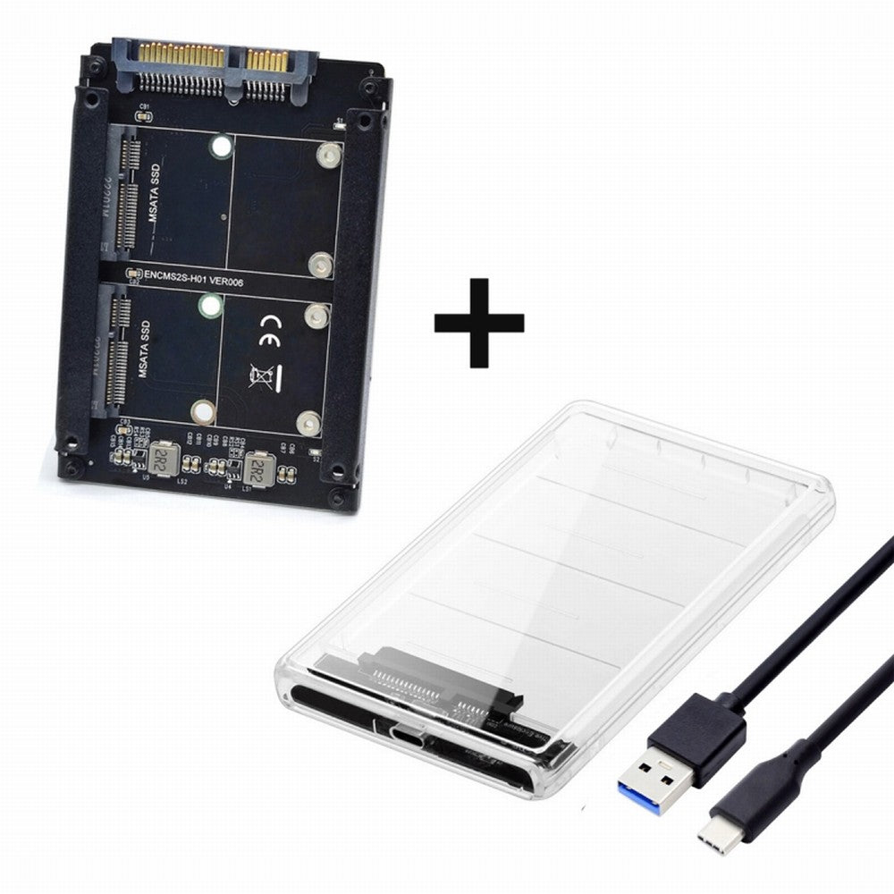 Dual MSATA Mini-SATA SSD Card JBOD Raid0 Span Bridge to USB3.0 Type-C USB-C 2.5inch SATA Combo Enclosure SA-049+UC-079-WH