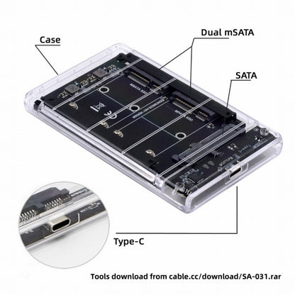 Dual MSATA Mini-SATA SSD Card JBOD Raid0 Span Bridge to USB3.0 Type-C USB-C 2.5inch SATA Combo Enclosure SA-049+UC-079-WH