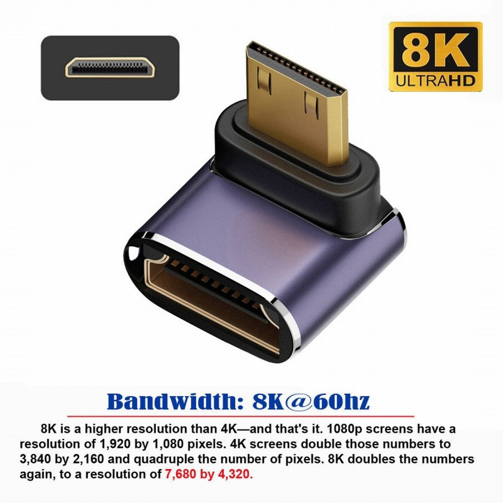 Down Angled Mini HDMI Male to HDMI 2.1 Female UHD Extension Gold Converter Adapter Support 8K 60hz HDTV HD-038-C8K04