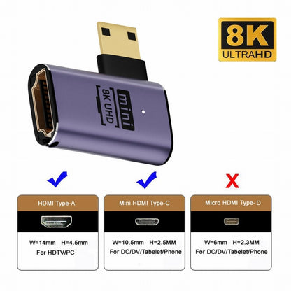 Left Angled Mini HDMI Male to HDMI 2.1 Female UHD Extension Gold Converter Adapter Support 8K 60hz HDTV HD-038-C8K03