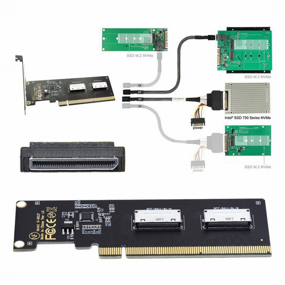 PCIE PCI-Express 16x to Dual Oculink SFF-8612 SFF-8611 8x VROC Adapter for Mainboard SSD Graphics Card SF-057-2P