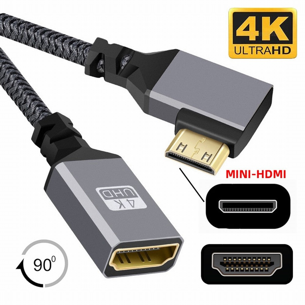 4K Type-C MINI HDMI 1.4 Male 90 Degree Left Angled to HDMI Female Extension Cable for DV MP4 Camera DC Laptop HD-004-LE